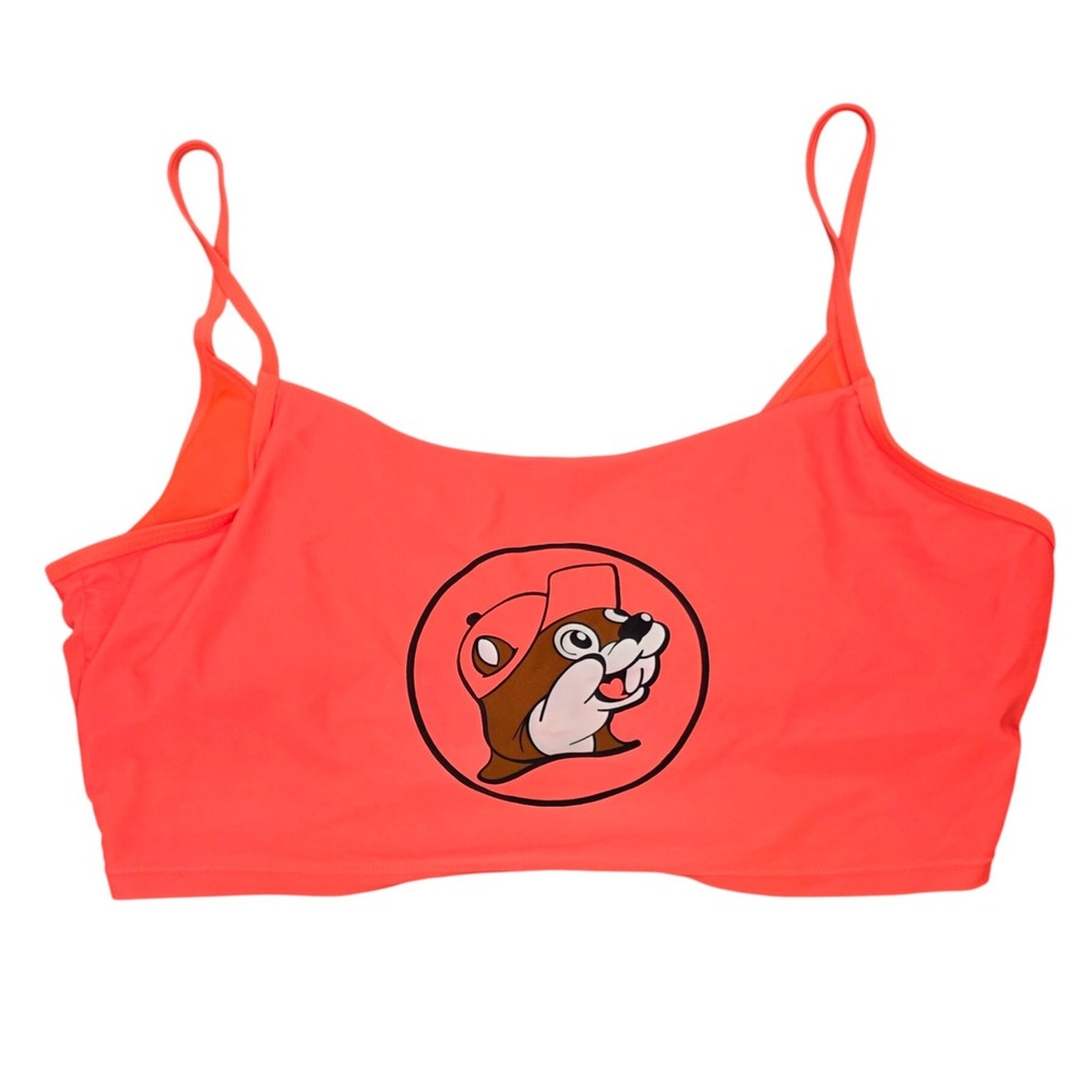 Buc-ee's Bikini Top Women's XL Neon Orange Beaver Logo Spaghetti Strap Swimwear